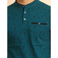 Mayawye Men's Casual Cotton Printed Mandarin Collar Half Sleeve T-Shirt (Green)