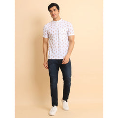 Mayawye Men's Casual Cotton Printed Mandarin Collar Half Sleeve T-Shirt (White)