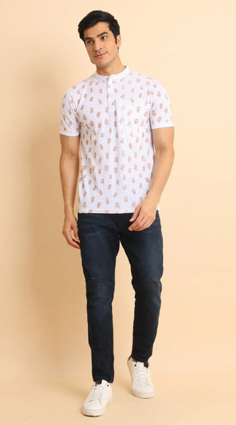 Mayawye Men's Casual Cotton Printed Mandarin Collar Half Sleeve T-Shirt (White)