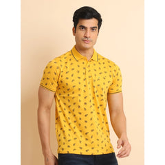 Mayawye Men's Casual Cotton Printed Polo Neck Half Sleeve T-Shirt (Mustard)