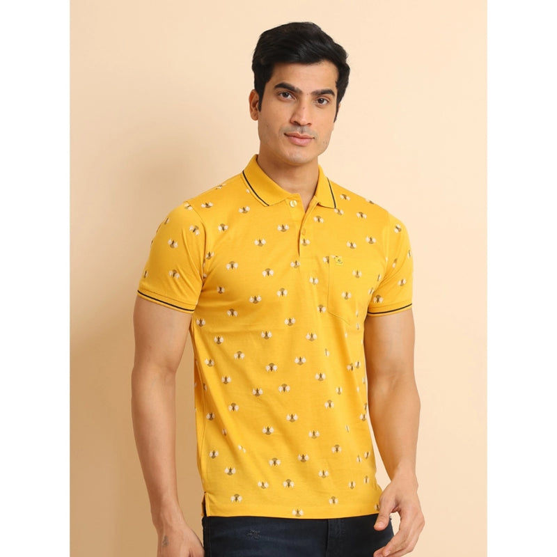 Mayawye Men's Casual Cotton Printed Polo Neck Half Sleeve T-Shirt (Mustard)
