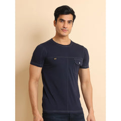 Mayawye Men's Casual Cotton Solid Round Neck Half Sleeve T-Shirt (Navy)