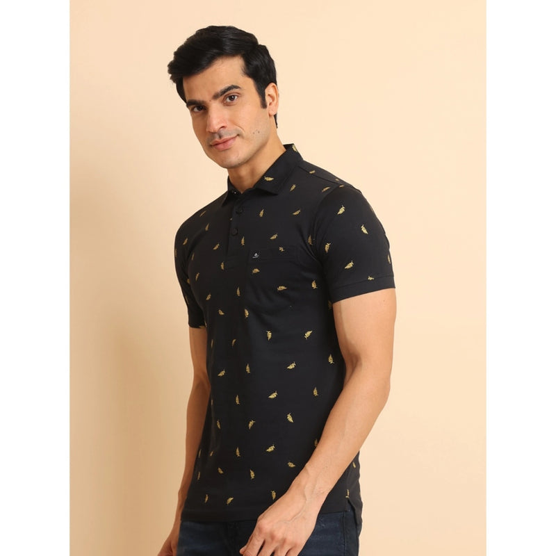 Mayawye Men's Casual Cotton Printed Polo Neck Half Sleeve T-Shirt (Black)