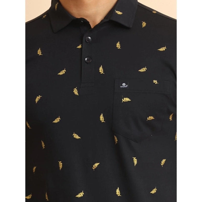 Mayawye Men's Casual Cotton Printed Polo Neck Half Sleeve T-Shirt (Black)