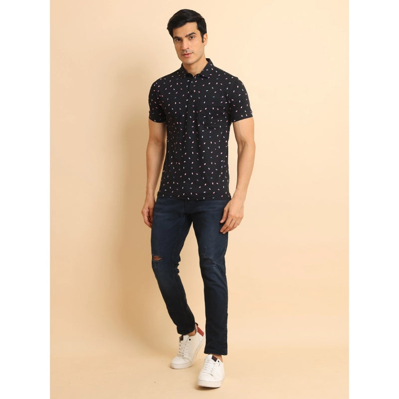 Mayawye Men's Casual Cotton Printed Polo Neck Half Sleeve T-Shirt (Black)