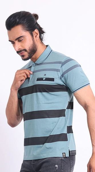 Mayawye Men's Casual Cotton Printed Polo Neck Half Sleeve T-Shirt (Green)