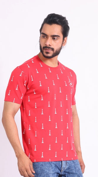 Mayawye Men's Casual Cotton Printed Round Neck Half Sleeve T-Shirt (Red)