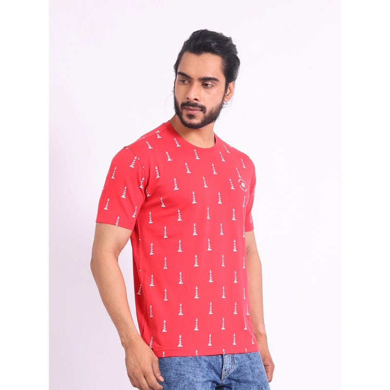 Mayawye Men's Casual Cotton Printed Round Neck Half Sleeve T-Shirt (Red)