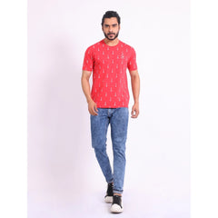 Mayawye Men's Casual Cotton Printed Round Neck Half Sleeve T-Shirt (Red)