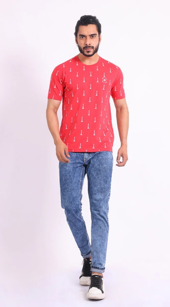Mayawye Men's Casual Cotton Printed Round Neck Half Sleeve T-Shirt (Red)