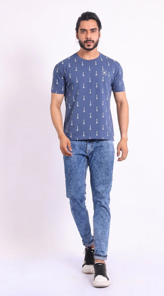 Mayawye Men's Casual Cotton Printed Round Neck Half Sleeve T-Shirt (Blue)