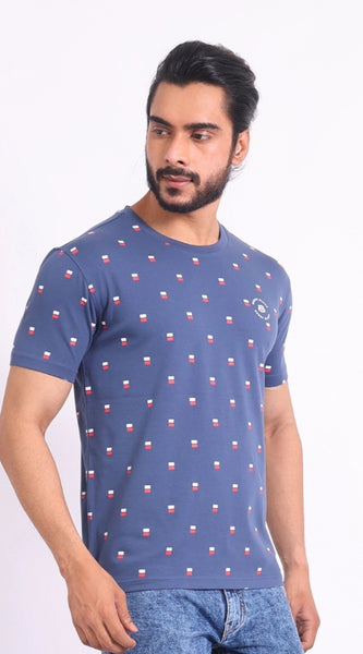 Mayawye Men's Casual Cotton Printed Round Neck Half Sleeve T-Shirt (Blue)