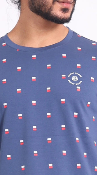 Mayawye Men's Casual Cotton Printed Round Neck Half Sleeve T-Shirt (Blue)