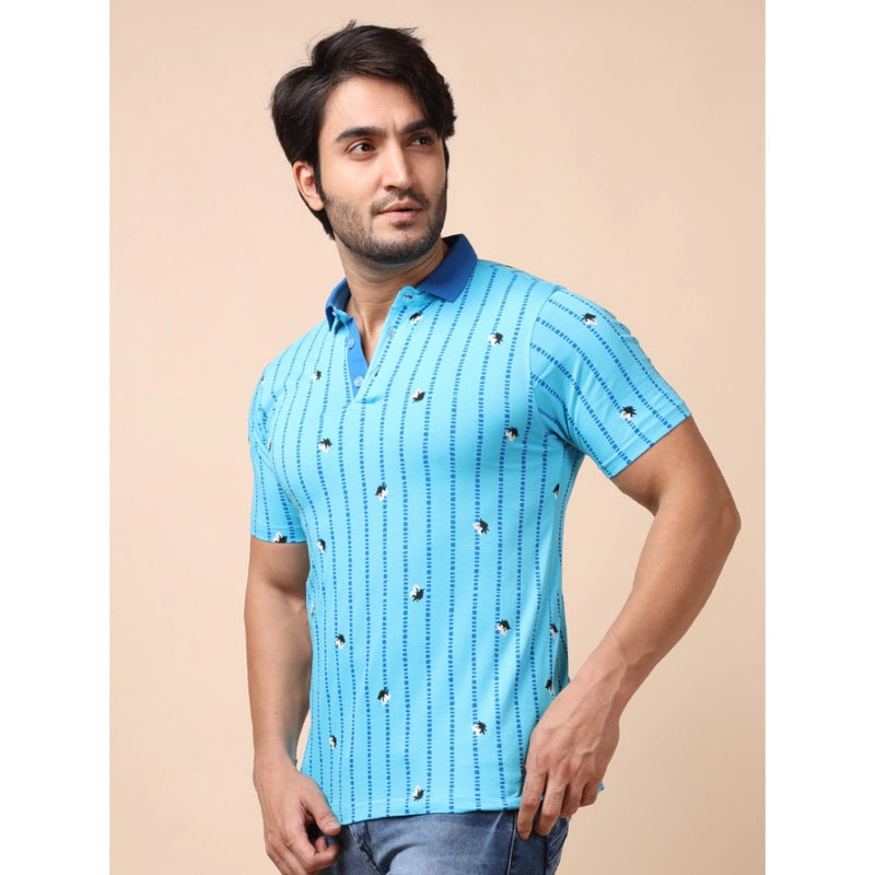 Mayawye Men's Casual Cotton Printed Polo Neck Half Sleeve T-Shirt (Skyblue)