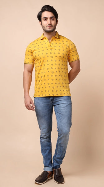 Mayawye Men's Casual Cotton Printed Polo Neck Half Sleeve T-Shirt (Mustard)