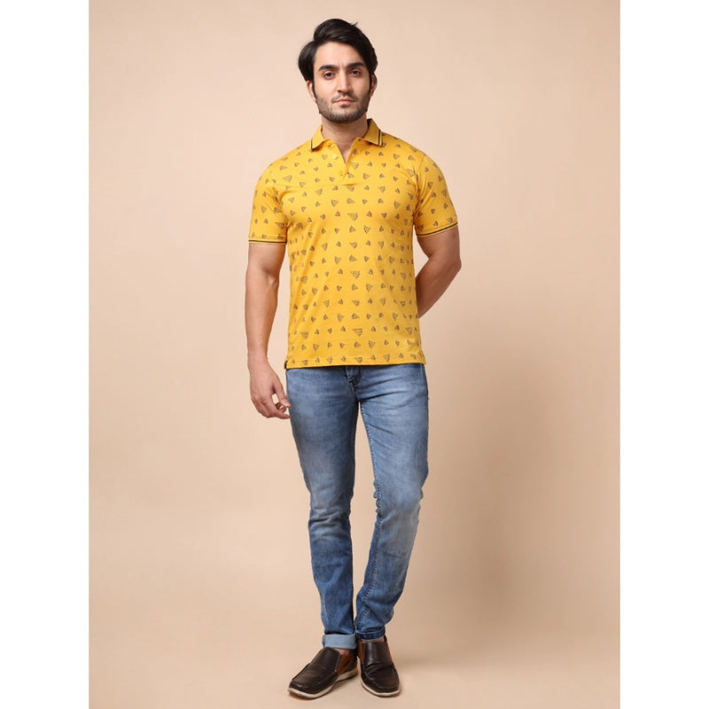 Mayawye Men's Casual Cotton Printed Polo Neck Half Sleeve T-Shirt (Mustard)