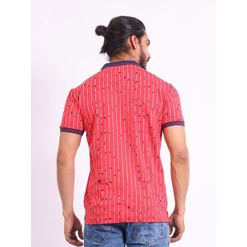 Mayawye Men's Casual Cotton Printed Polo Neck Half Sleeve T-Shirt (Red)