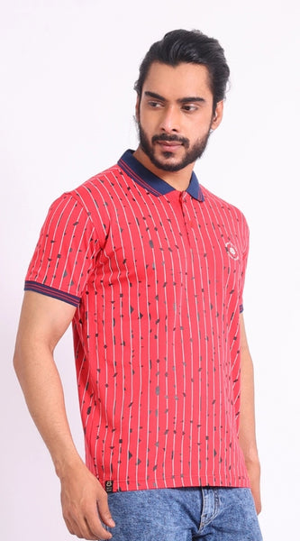 Mayawye Men's Casual Cotton Printed Polo Neck Half Sleeve T-Shirt (Red)