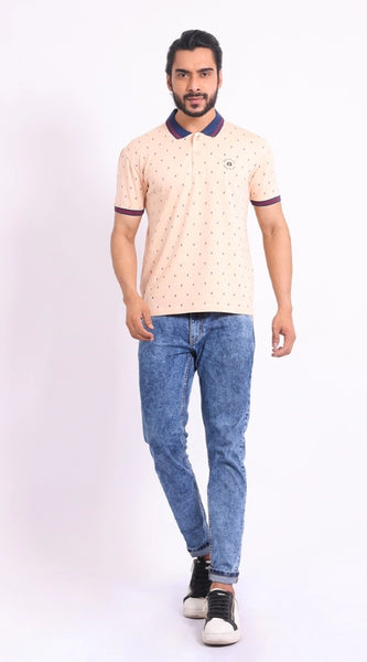 Mayawye Men's Casual Cotton Printed Polo Neck Half Sleeve T-Shirt (Peach)