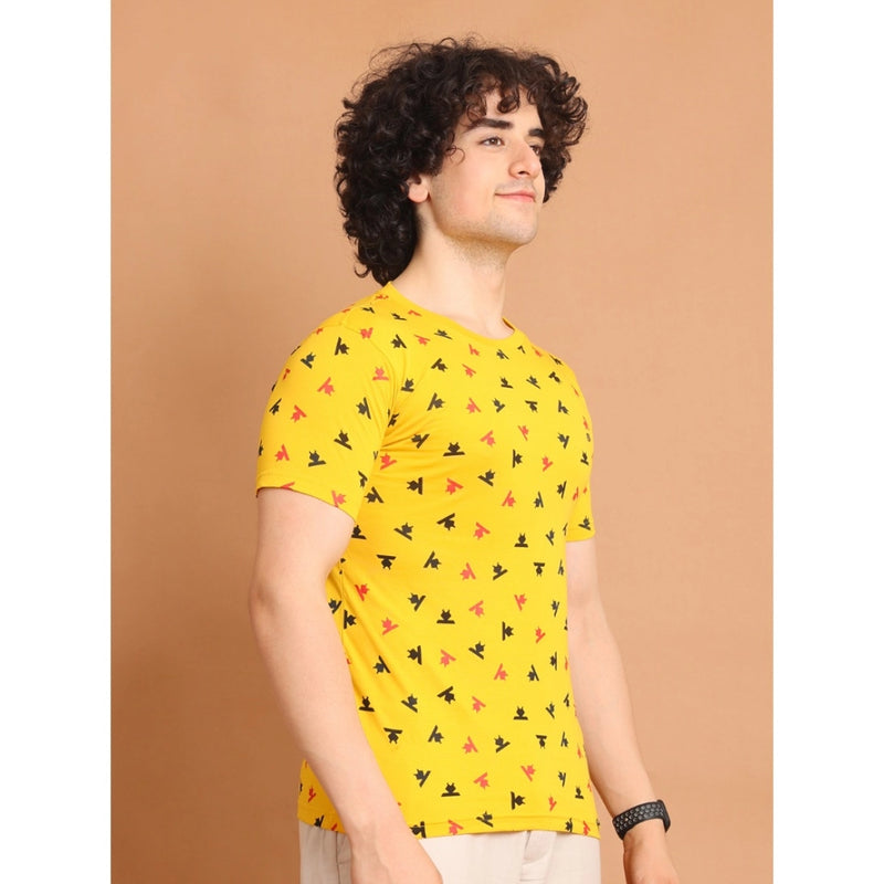 Mayawye Men's Casual Cotton Printed Round Neck Half Sleeve T-Shirt (Yellow)
