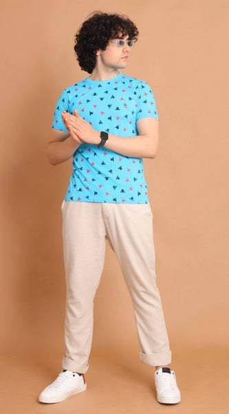 Mayawye Men's Casual Cotton Printed Round Neck Half Sleeve T-Shirt (Skyblue)