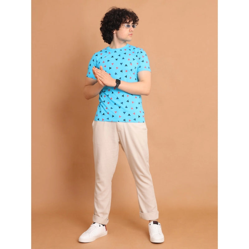 Mayawye Men's Casual Cotton Printed Round Neck Half Sleeve T-Shirt (Skyblue)