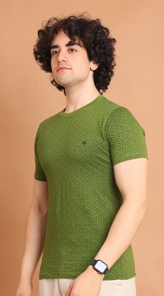 Mayawye Men's Casual Cotton Printed Round Neck Half Sleeve T-Shirt (Green)