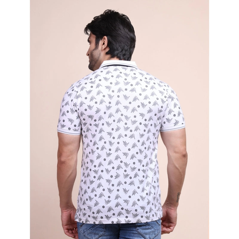 Mayawye Men's Casual Cotton Printed Polo Neck Half Sleeve T-Shirt (White)
