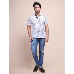 Mayawye Men's Casual Cotton Printed Polo Neck Half Sleeve T-Shirt (White)