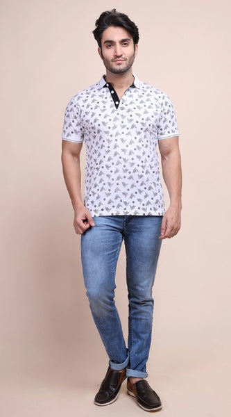 Mayawye Men's Casual Cotton Printed Polo Neck Half Sleeve T-Shirt (White)