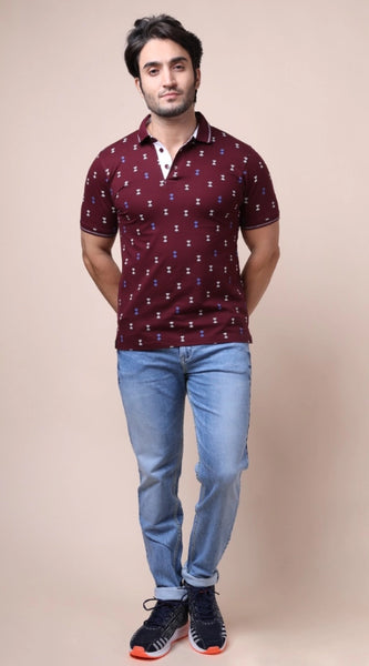 Mayawye Men's Casual Cotton Printed Polo Neck Half Sleeve T-Shirt (Plum)