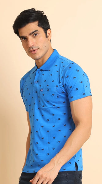 Mayawye Men's Casual Cotton Printed Polo Neck Half Sleeve T-Shirt (Blue)