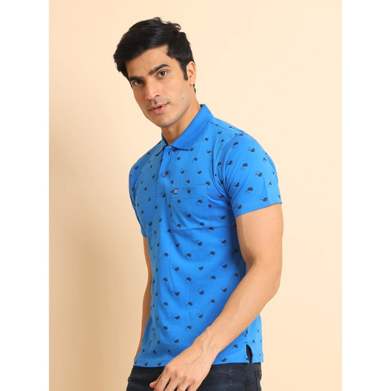 Mayawye Men's Casual Cotton Printed Polo Neck Half Sleeve T-Shirt (Blue)