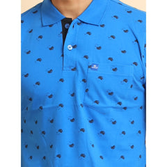 Mayawye Men's Casual Cotton Printed Polo Neck Half Sleeve T-Shirt (Blue)