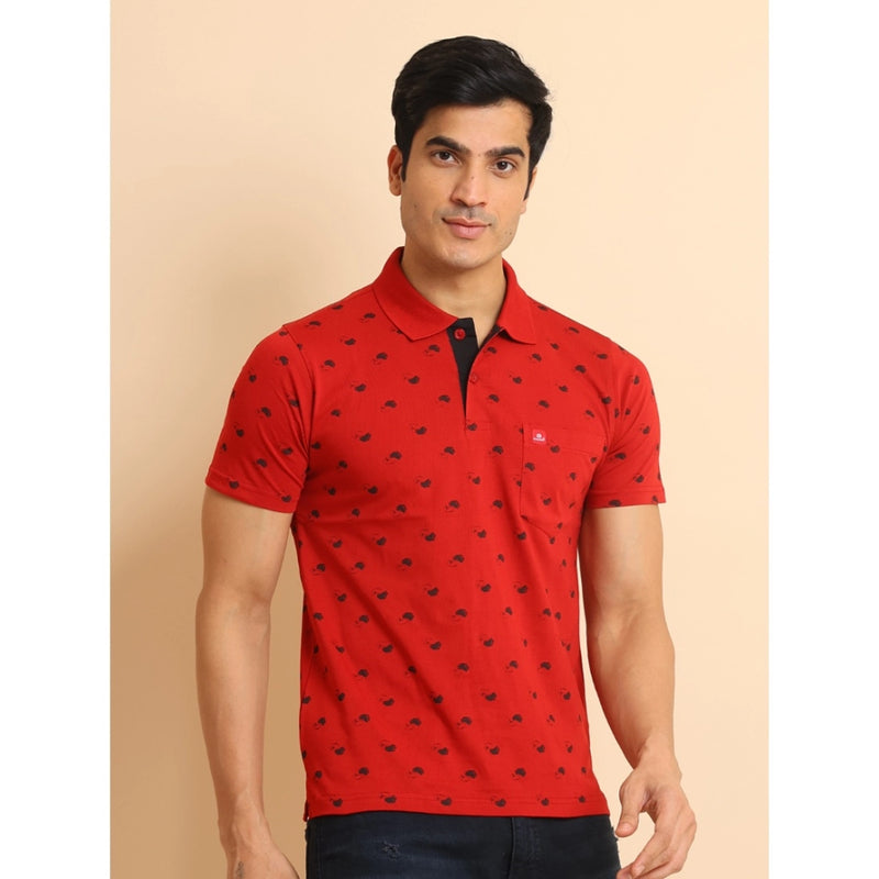 Mayawye Men's Casual Cotton Printed Polo Neck Half Sleeve T-Shirt (Red)
