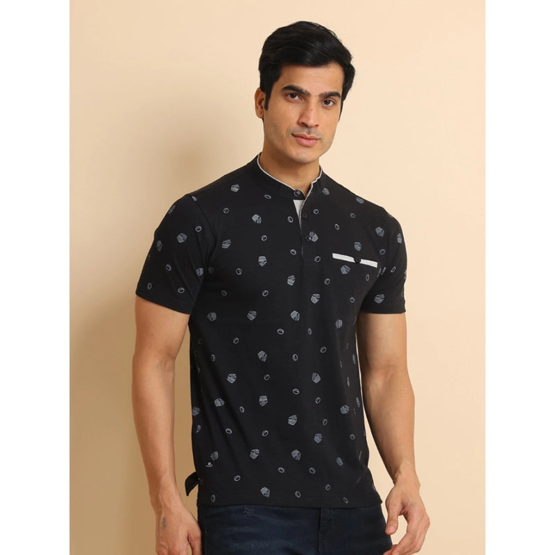 Mayawye Men's Casual Cotton Printed Mandarin Collar Half Sleeve T-Shirt (Black)