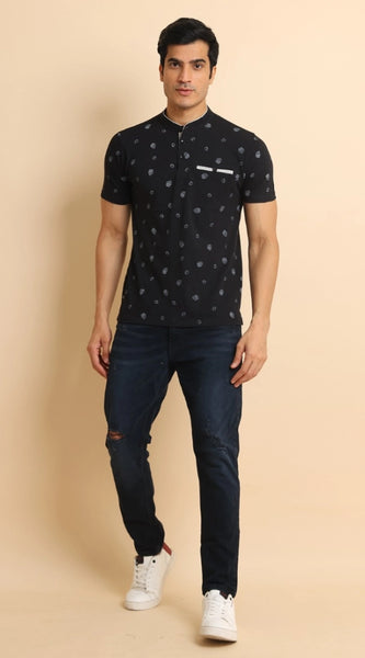 Mayawye Men's Casual Cotton Printed Mandarin Collar Half Sleeve T-Shirt (Black)