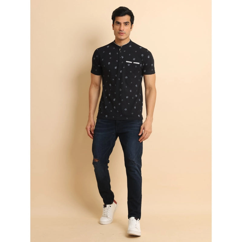 Mayawye Men's Casual Cotton Printed Mandarin Collar Half Sleeve T-Shirt (Black)