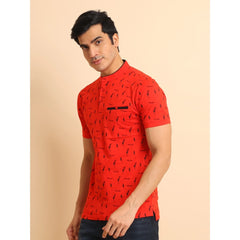 Mayawye Men's Casual Cotton Printed Mandarin Collar Half Sleeve T-Shirt (Red)