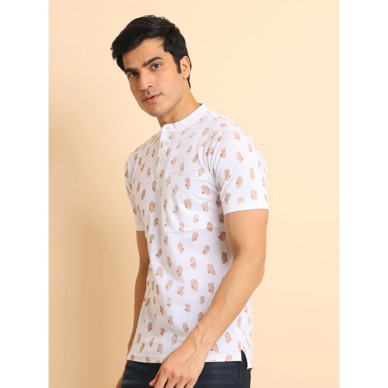 Mayawye Men's Casual Cotton Printed Mandarin Collar Half Sleeve T-Shirt (White)