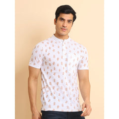 Mayawye Men's Casual Cotton Printed Mandarin Collar Half Sleeve T-Shirt (White)