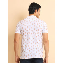 Mayawye Men's Casual Cotton Printed Mandarin Collar Half Sleeve T-Shirt (White)