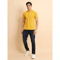 Mayawye Men's Casual Cotton Printed Polo Neck Half Sleeve T-Shirt (Mustard)