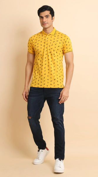 Mayawye Men's Casual Cotton Printed Polo Neck Half Sleeve T-Shirt (Mustard)