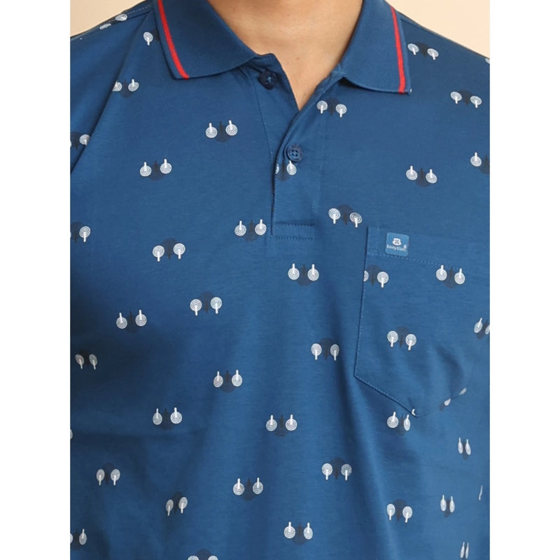Mayawye Men's Casual Cotton Printed Polo Neck Half Sleeve T-Shirt (Blue)