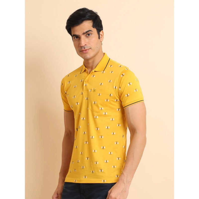 Mayawye Men's Casual Cotton Printed Polo Neck Half Sleeve T-Shirt (Mustard)