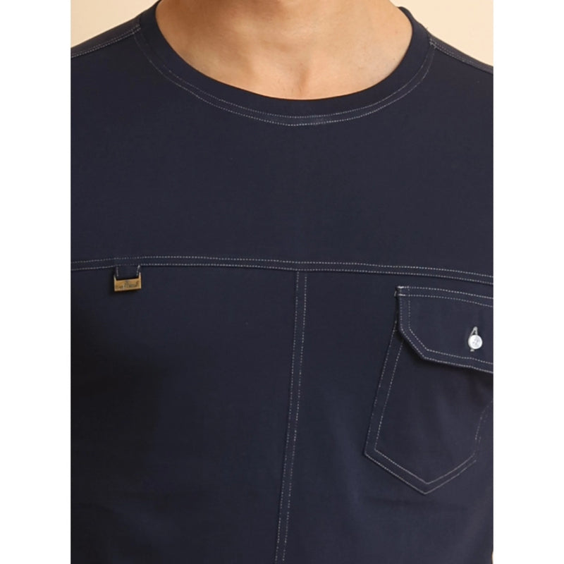 Mayawye Men's Casual Cotton Solid Round Neck Half Sleeve T-Shirt (Navy)