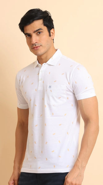 Mayawye Men's Casual Cotton Printed Polo Neck Half Sleeve T-Shirt (White)