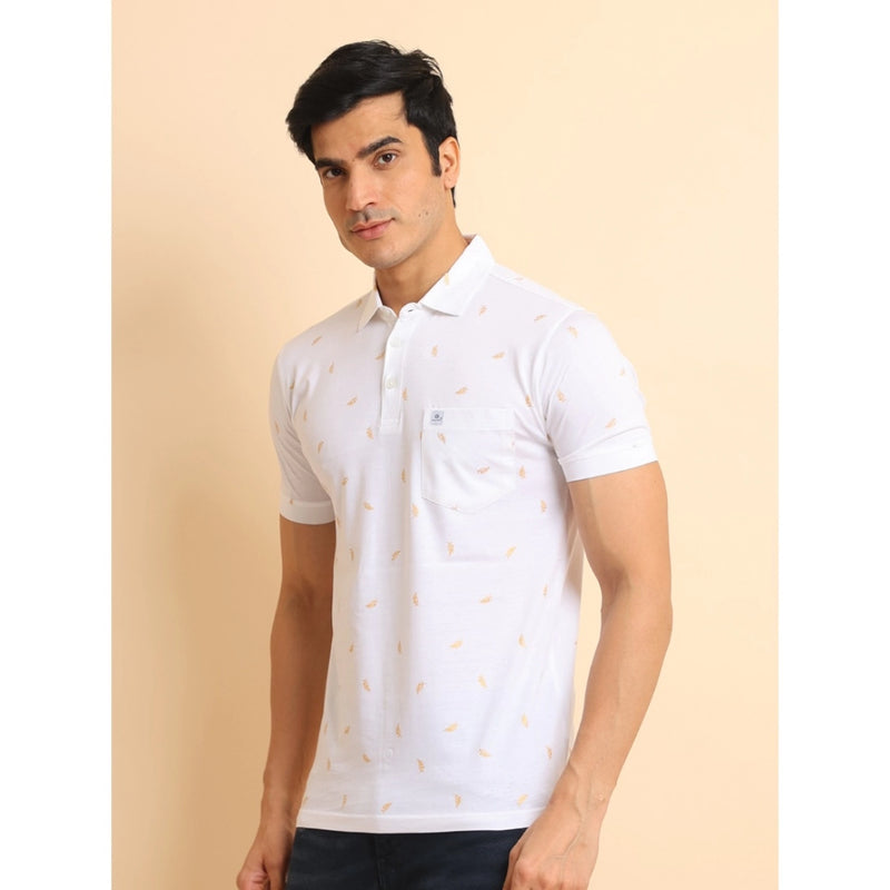 Mayawye Men's Casual Cotton Printed Polo Neck Half Sleeve T-Shirt (White)