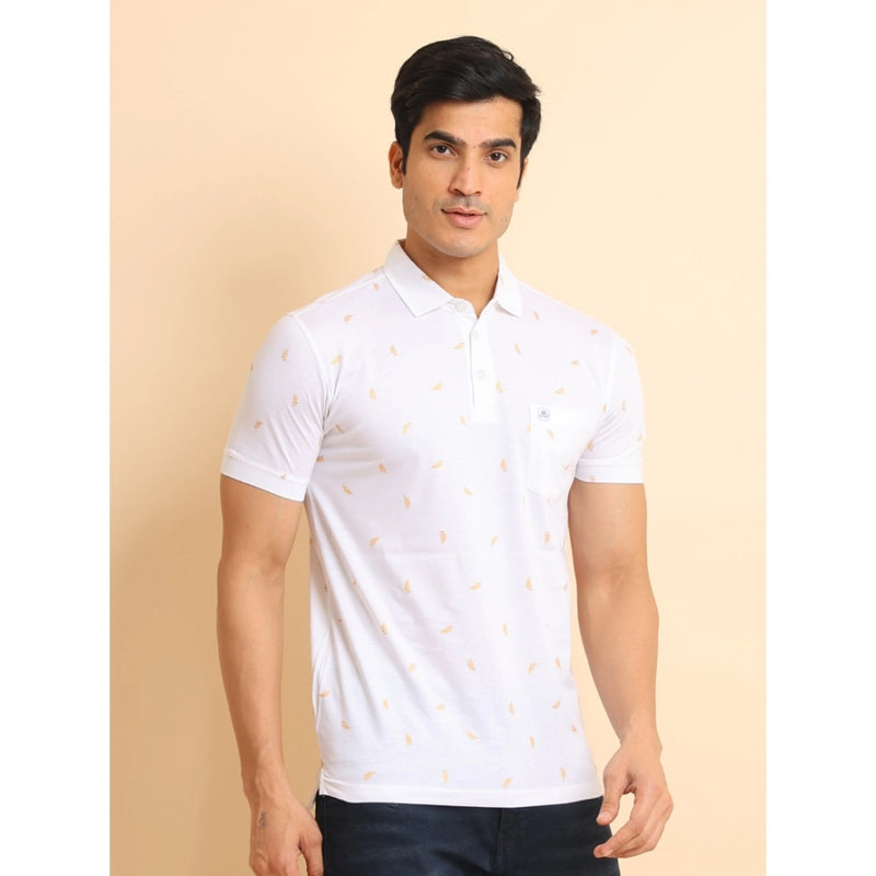 Mayawye Men's Casual Cotton Printed Polo Neck Half Sleeve T-Shirt (White)